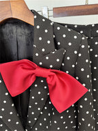 Platlogy Women White Polka Dot Suit Set With Red Bow Blazer And Straight Trousers 2 Piece Outfit For Work Party Daily Wear