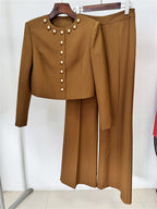 Platlogy Elegant Round Neck Gold Button Cropped Blazer Wide Leg Pant Two Piece Formal Women Suit For Work Daily Occasions