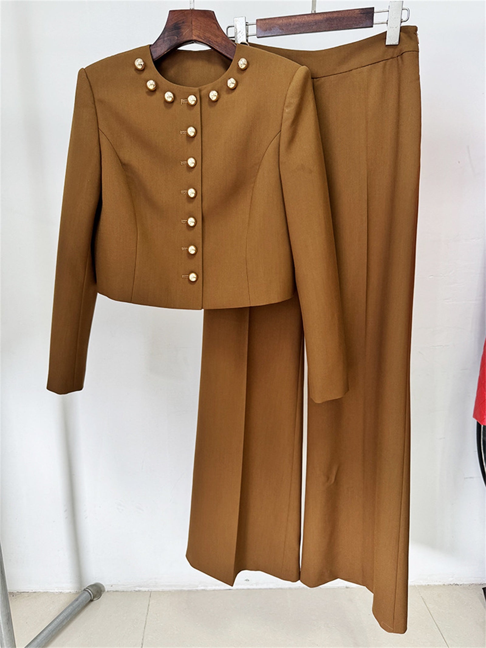 Platlogy Elegant Round Neck Gold Button Cropped Blazer Wide Leg Pant Two Piece Formal Women Suit For Work Daily Occasions