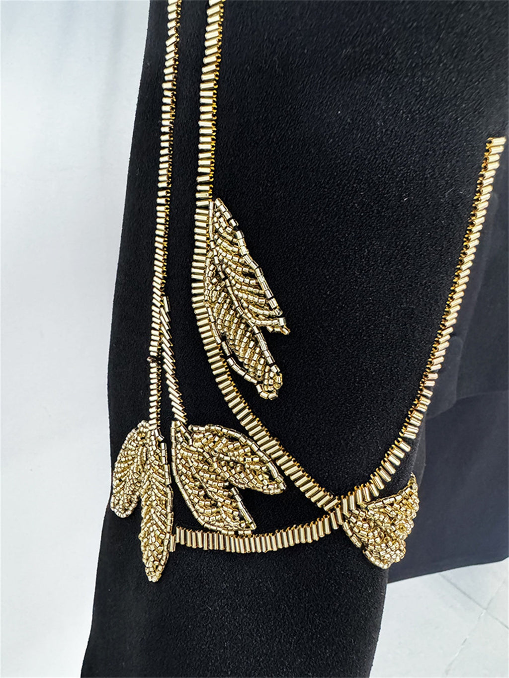 Platlogy Elegant Gold Leaf Embroidery Black Two Piece Set Cropped Jacket And Midi Skirt Formal Women Outfit For Office Wedding Party