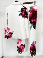 Platlogy Elegant Big Rose Print White Two Piece Women Suit Blazer and Long Pants Set for Formal Business Party Occasions