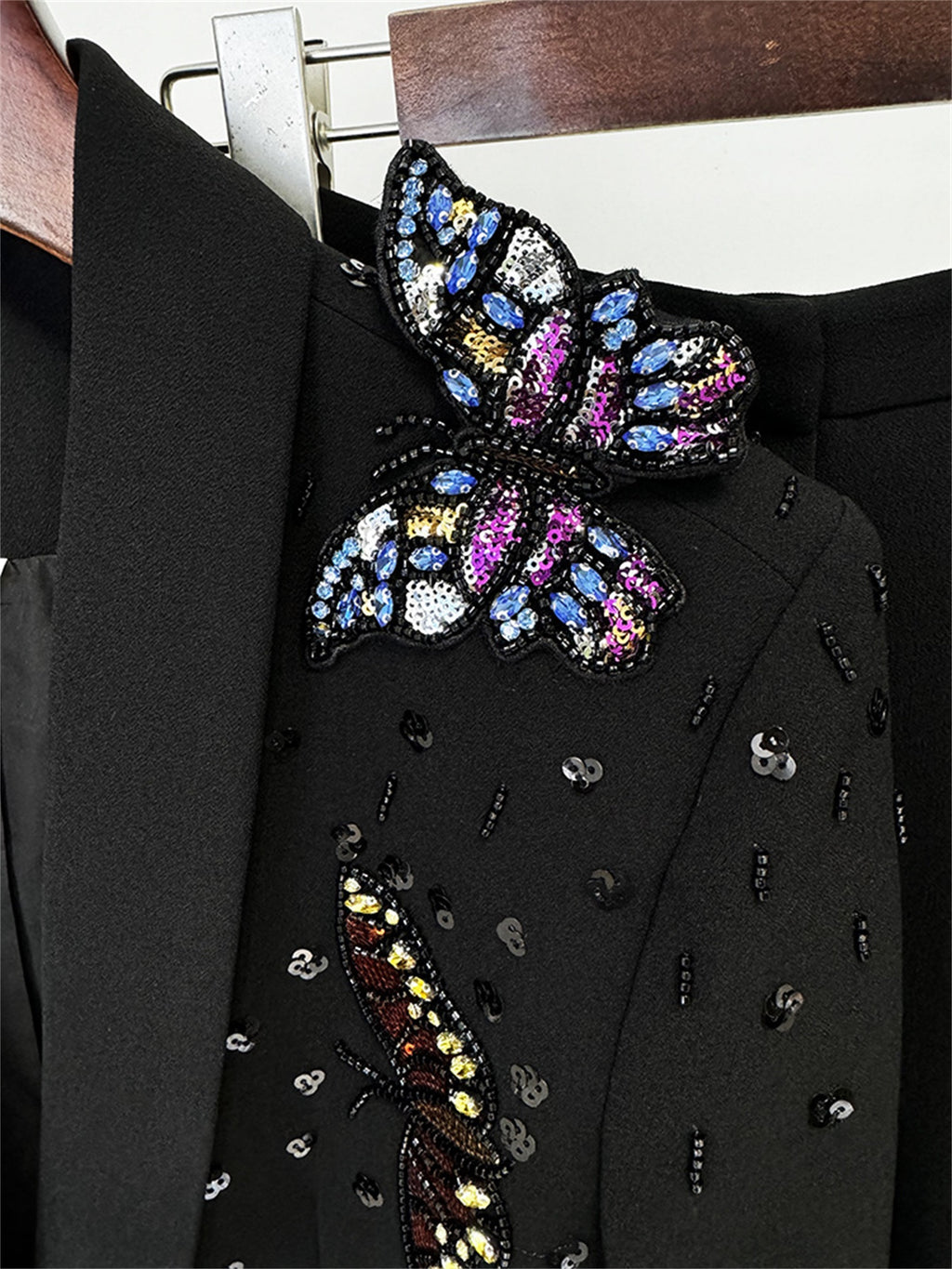 Platlogy Elegant Butterfly Sequin Rhinestone Blazer Wide Leg Pants 2 Piece Women Suit Formal Business Party Outfit