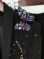 Platlogy Elegant Butterfly Sequin Rhinestone Blazer Wide Leg Pants 2 Piece Women Suit Formal Business Party Outfit