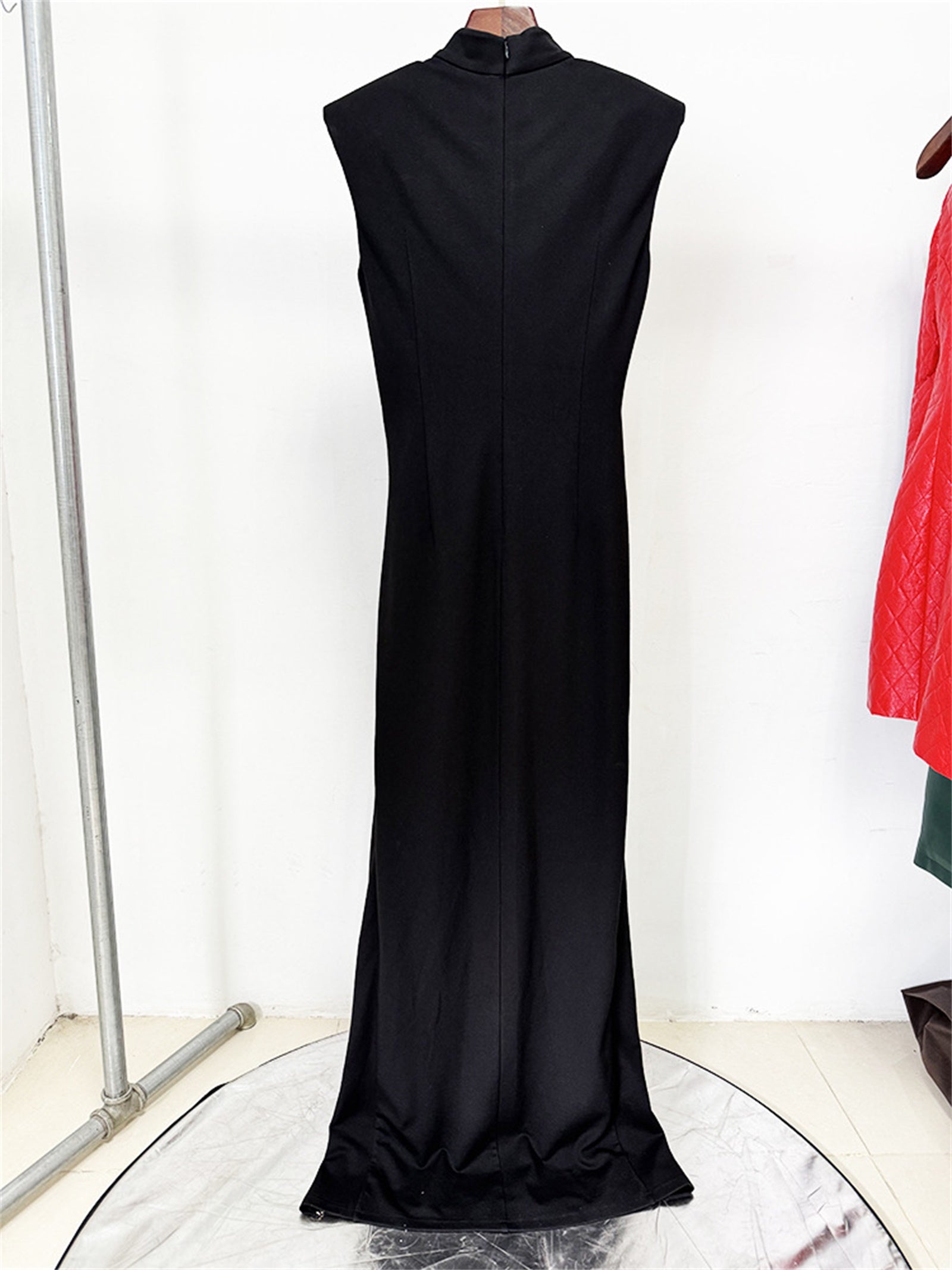 Platlogy Red Sleeveless Mock Neck Maxi Dress With Side Zipper Ruched Bodycon Party Long Dress