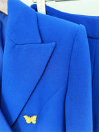 Platlogy Bright Blue Butterfly Button Blazer Wide Leg Pants Two Piece Business Suit Set For Women