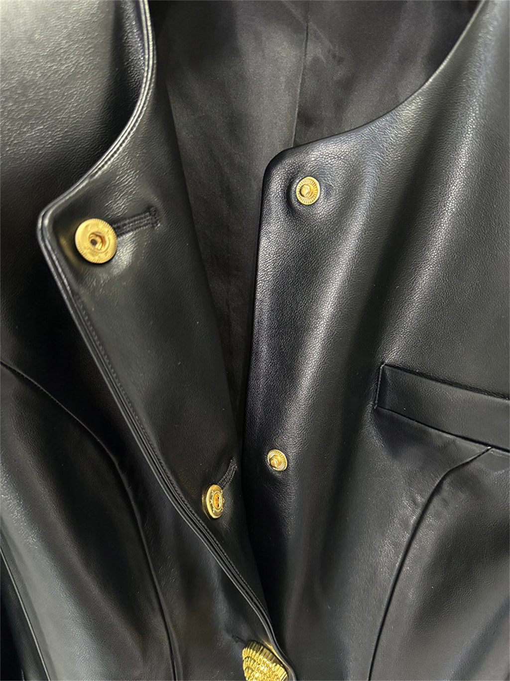 Platlogy Women Round Neck Gold Button Slim Faux Leather Cropped Jacket Elegant Formal Daily Outerwear