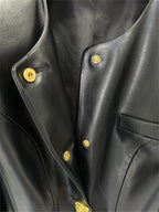 Platlogy Women Round Neck Gold Button Slim Faux Leather Cropped Jacket Elegant Formal Daily Outerwear