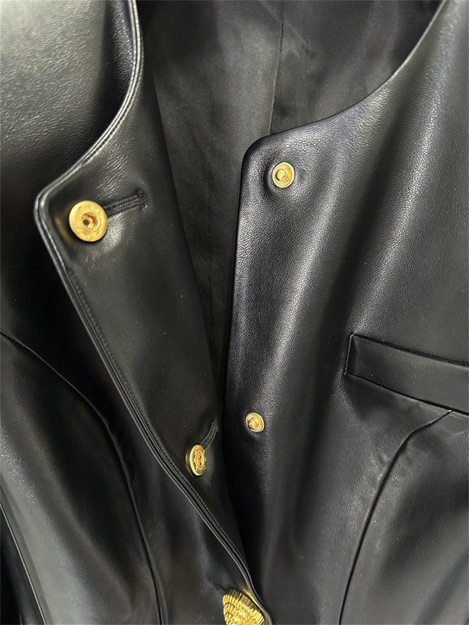 Platlogy Women Round Neck Gold Button Slim Faux Leather Cropped Jacket Elegant Formal Daily Outerwear