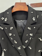 Platlogy Women Elegant Rhinestone Embellished Blazer and Flared Pants Formal Two Piece Suit