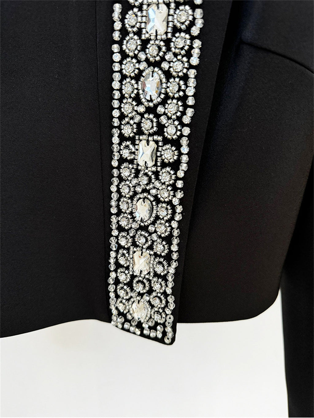 Platlogy Rhinestone Decor Black Two Piece Outfit Long Sleeve Cropped Top Mini Skirt Elegant Party Women Matching Set