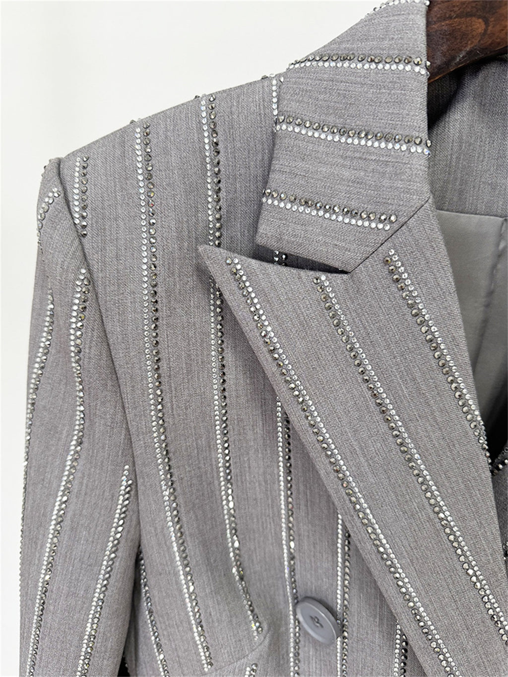 Platlogy Grey Rhinestone Stripe Double Breasted Blazer Pants Set Elegant Women Business Two Piece Suit for Work Party Daily Wear
