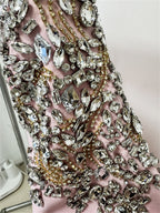 Platlogy Pink Shoulder Rhinestone Embellished Long Sleeve Midi Formal Dress Elegant Party Cocktail Sheath Dress