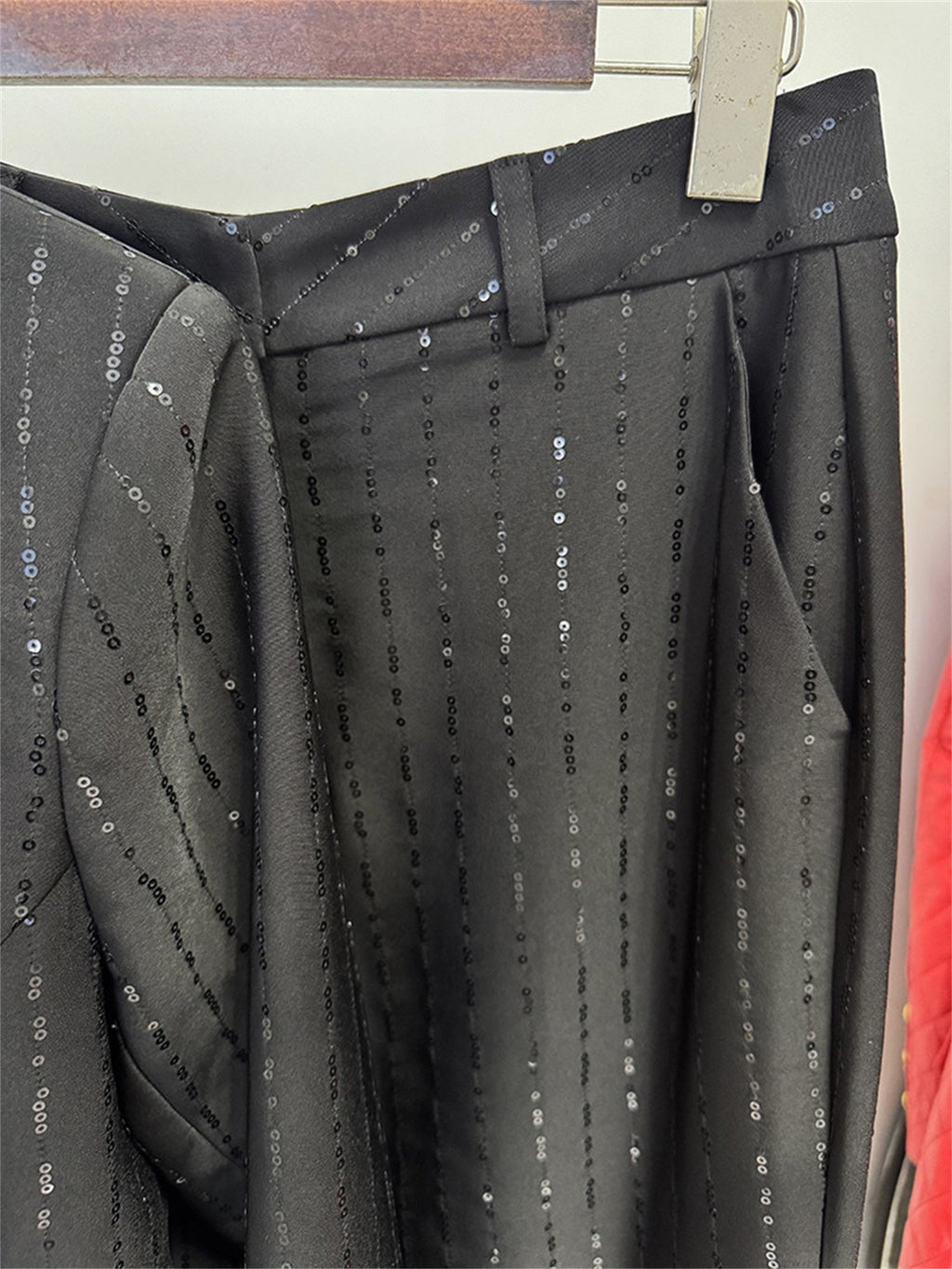 Platlogy Sparkly Striped Double Breasted Blazer and Flared Pants Two Piece Formal Suit Set for Women Elegant Business Party Outfit