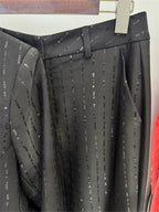 Platlogy Sparkly Striped Double Breasted Blazer and Flared Pants Two Piece Formal Suit Set for Women Elegant Business Party Outfit