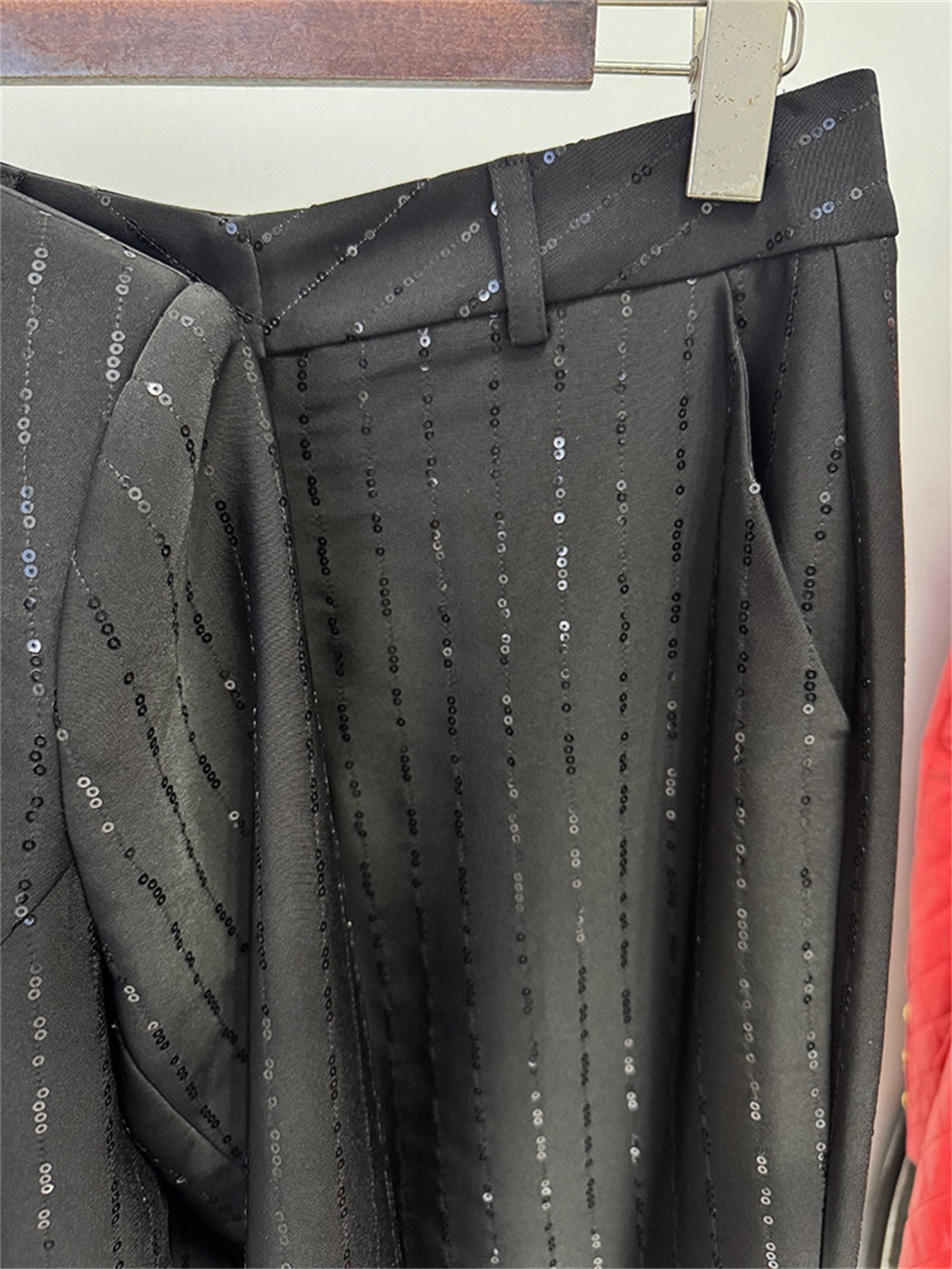 Platlogy Sparkly Striped Double Breasted Blazer and Flared Pants Two Piece Formal Suit Set for Women Elegant Business Party Outfit