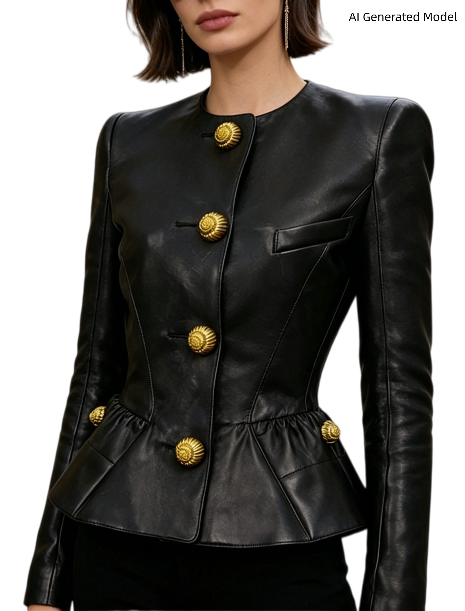 Platlogy Women Round Neck Gold Button Slim Faux Leather Cropped Jacket Elegant Formal Daily Outerwear