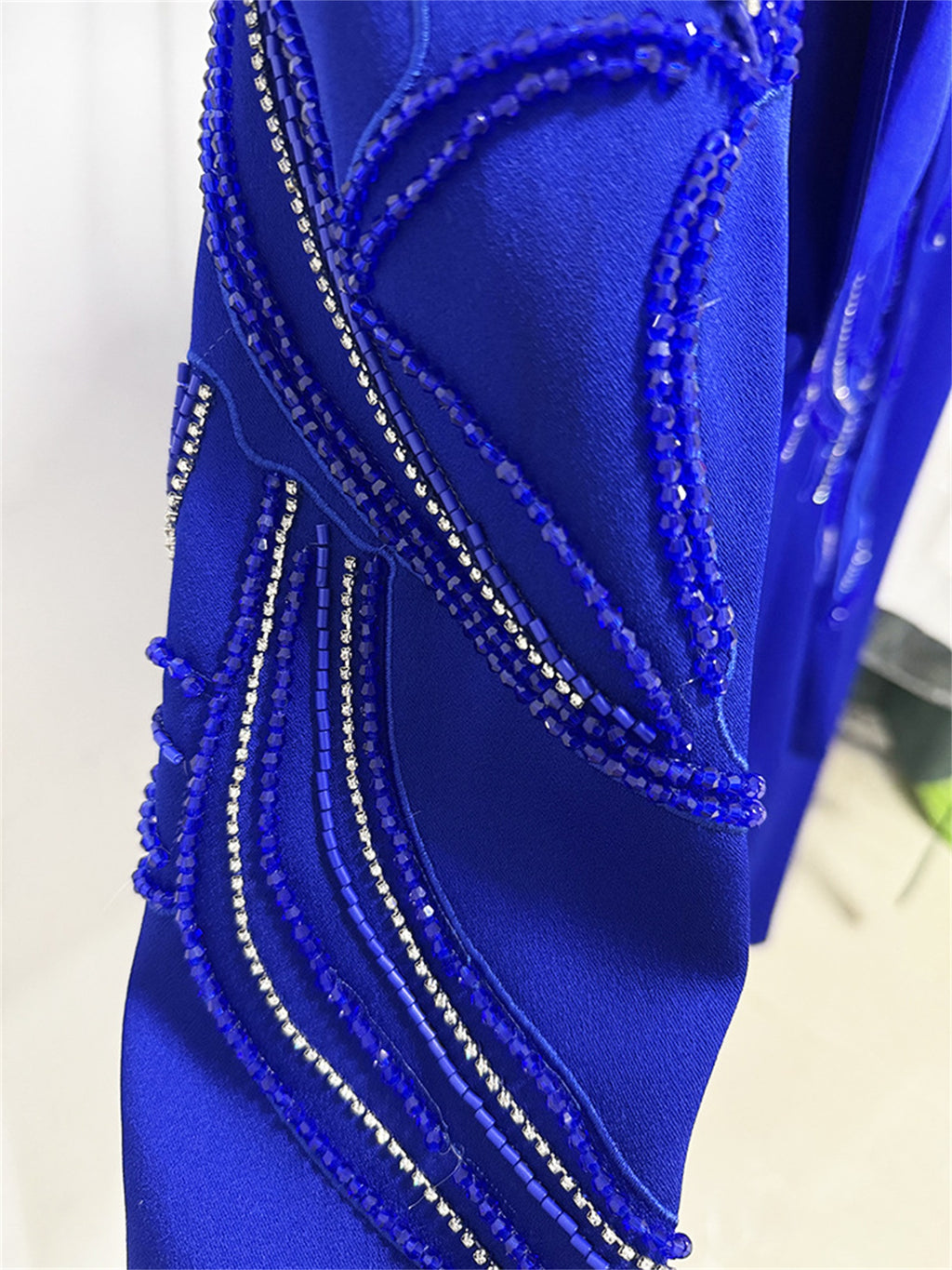 Platlogy Royal Blue Hand Beaded Blazer Wide Leg Pants Two Piece Formal Suit For Women Elegant Business Party Matching Outfit