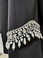 Platlogy Elegant Rhinestone Stand Collar Women Suit Formal Tailored Blazer And Wide Leg Pants Two Piece Outfit For Work Party
