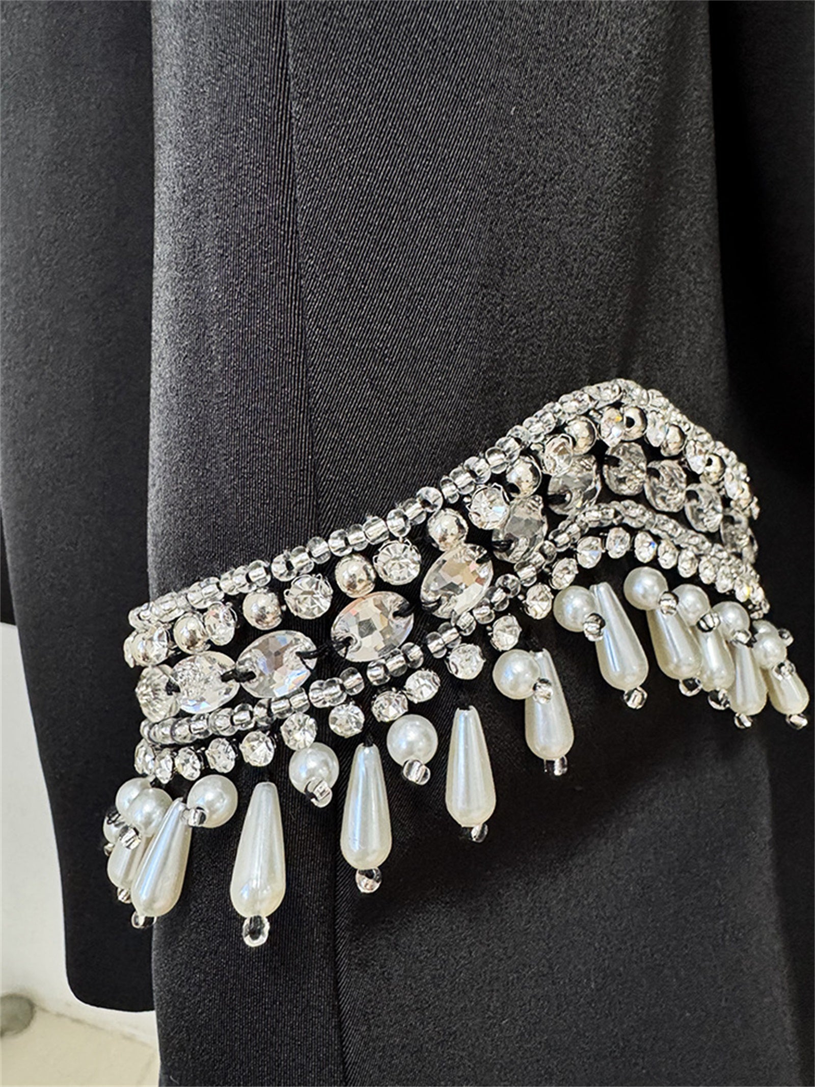 Platlogy Elegant Rhinestone Stand Collar Women Suit Formal Tailored Blazer And Wide Leg Pants Two Piece Outfit For Work Party