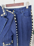 Platlogy Women Pearl Embellished Denim Blazer And Straight Pants Two Piece Suit Formal Casual Matching Outfit