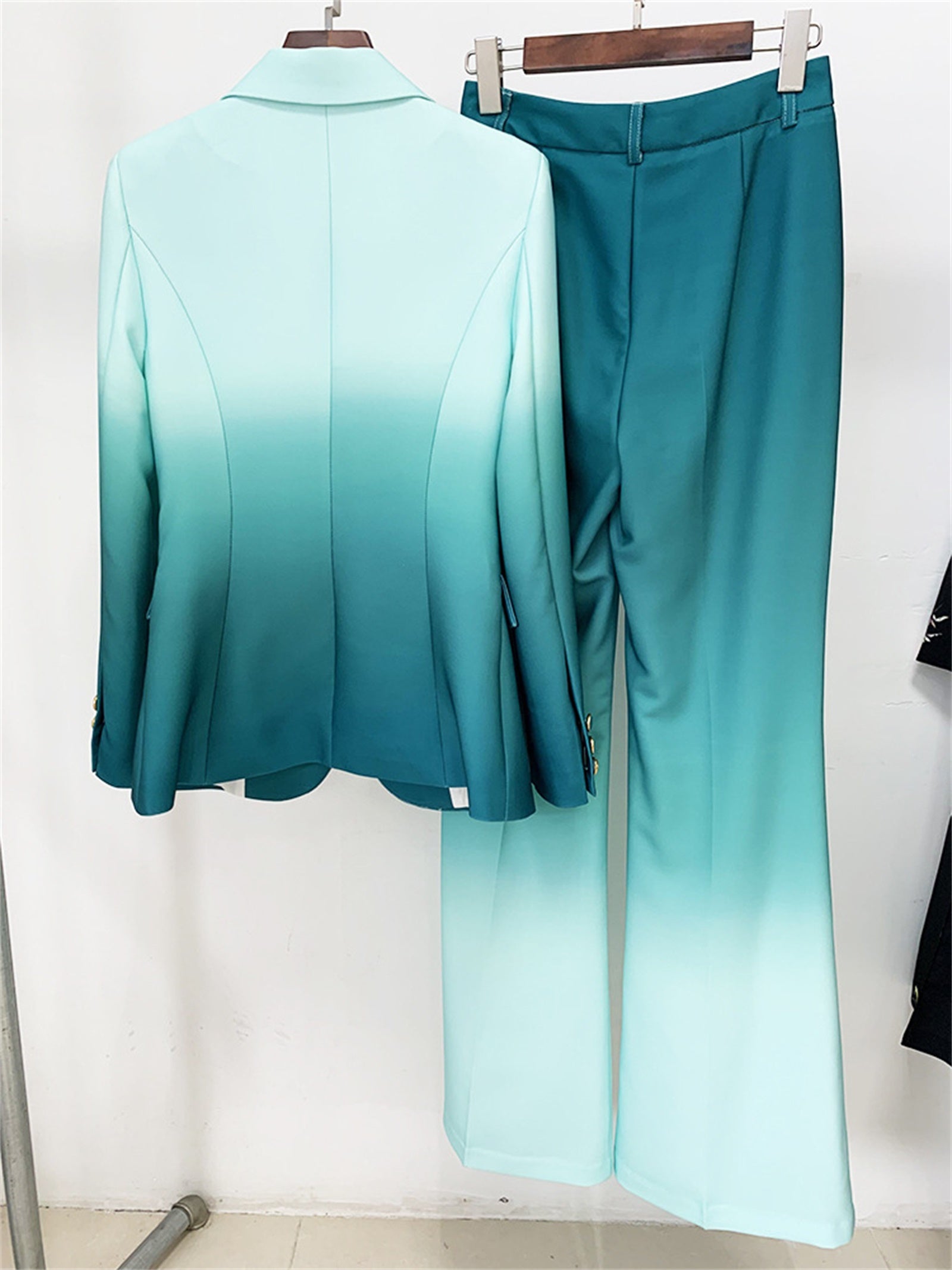 Platlogy Gradient Mint Green Two Piece Blazer And Flared Pants Formal Women Suit Set