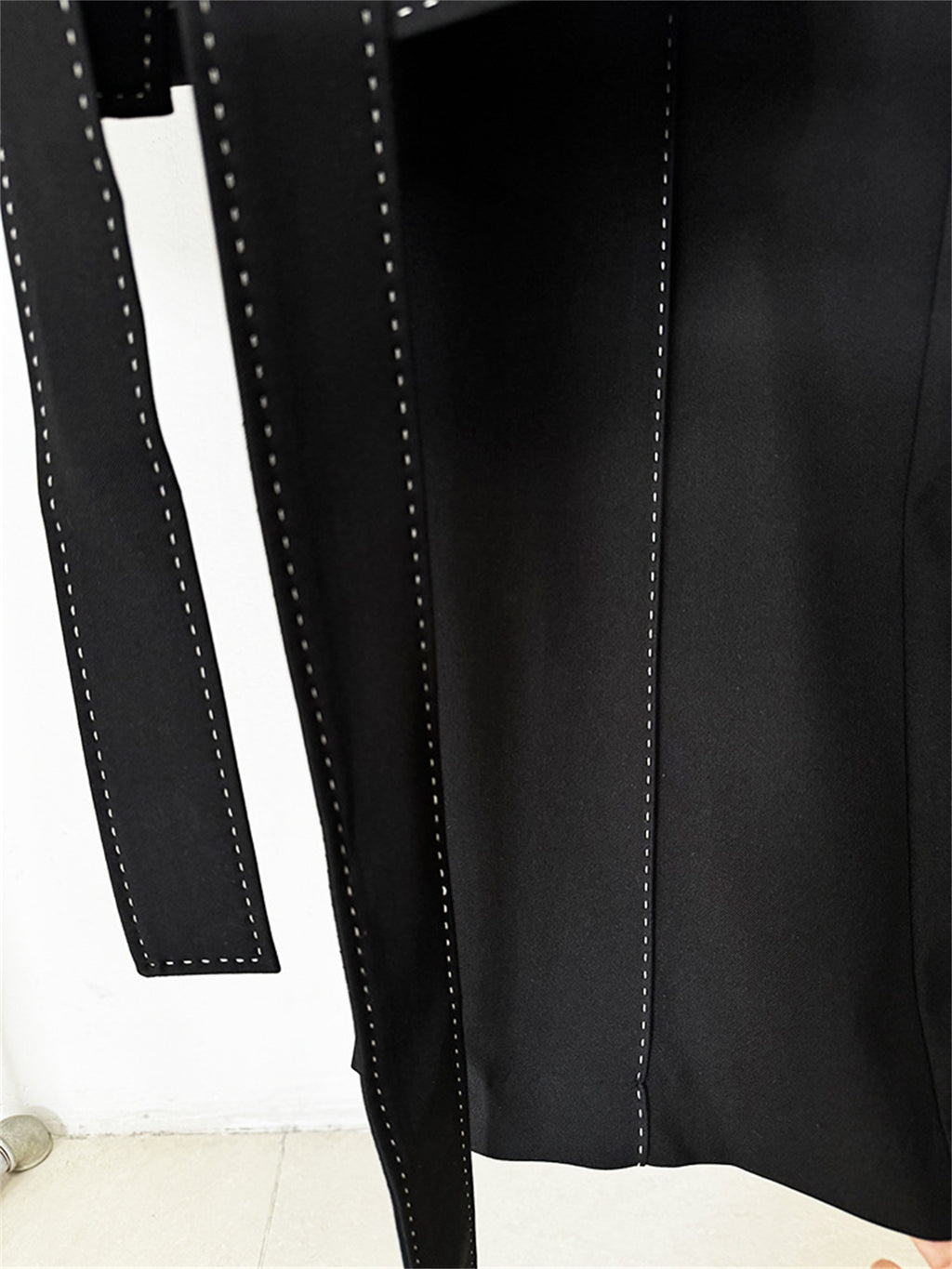 Platlogy Elegant White Belted Blazer Pants Set Stitched Detail Formal Business Two Piece Outfit For Women