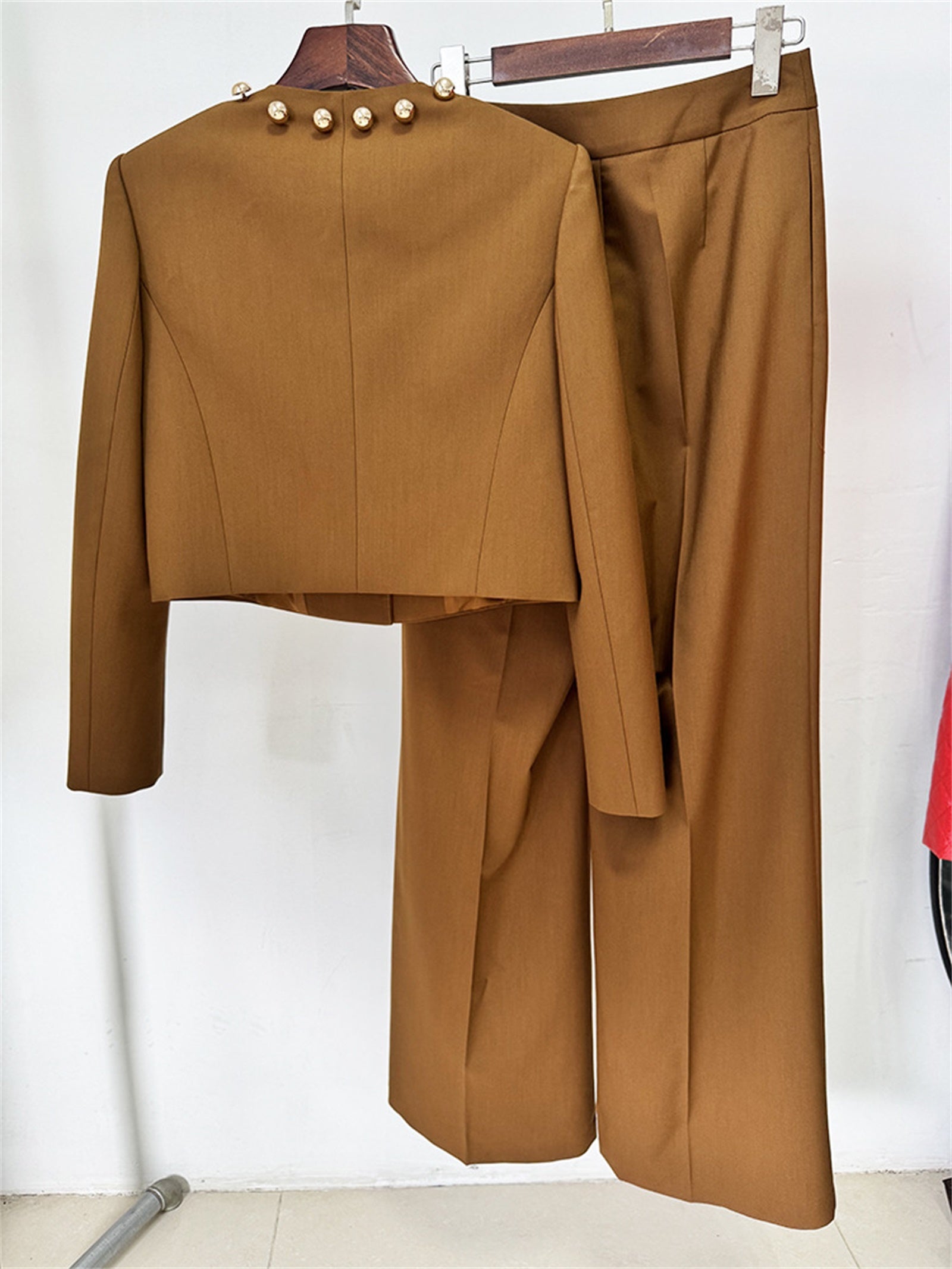 Platlogy Elegant Round Neck Gold Button Cropped Blazer Wide Leg Pant Two Piece Formal Women Suit For Work Daily Occasions