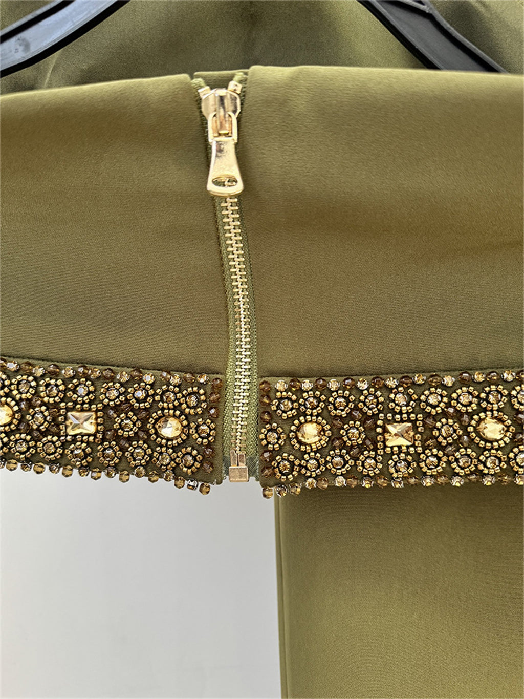 Platlogy Olive Green Handmade Beaded Halter Crop Top Split Long Skirt Two Piece Formal Party Set
