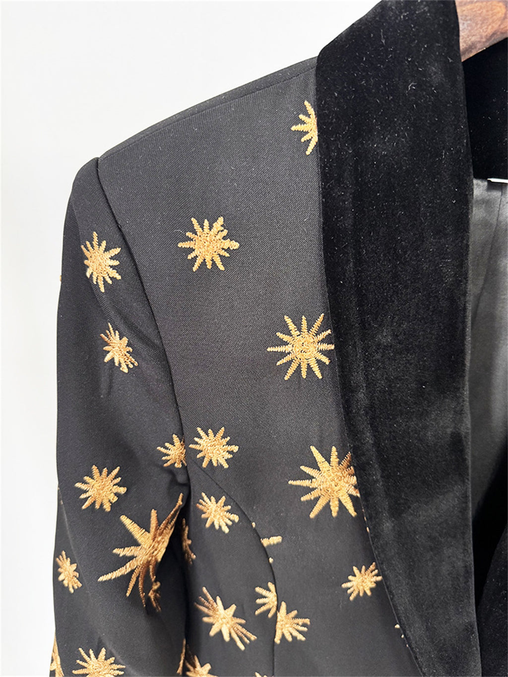 Platlogy Black Golden Star Embroidery Feather Cuff Blazer Flared Pants Two Piece Formal Suit For Women Luxury Evening Party Matching Outfit