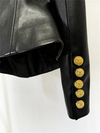Platlogy Women Round Neck Gold Button Slim Faux Leather Cropped Jacket Elegant Formal Daily Outerwear
