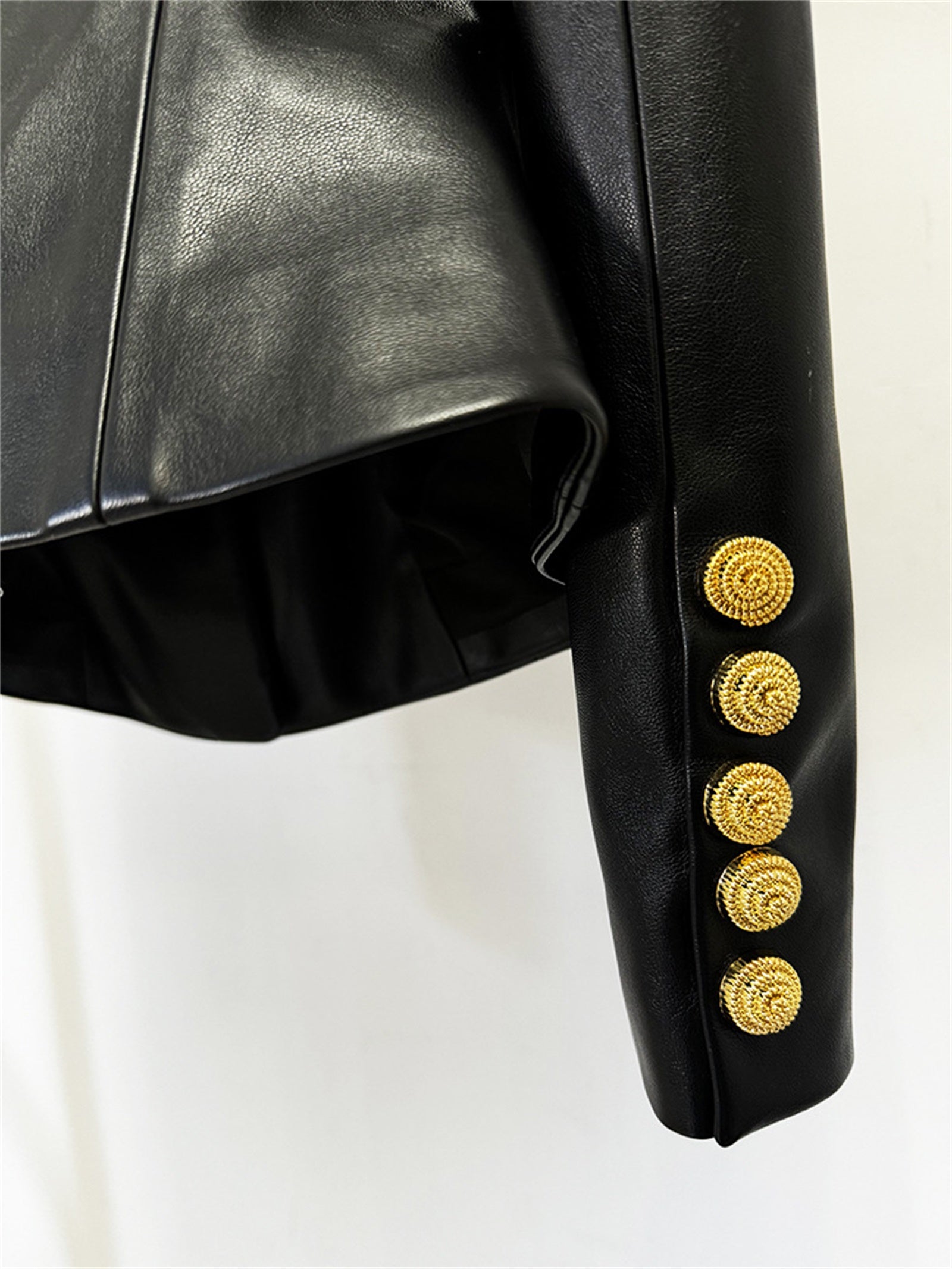 Platlogy Women Round Neck Gold Button Slim Faux Leather Cropped Jacket Elegant Formal Daily Outerwear