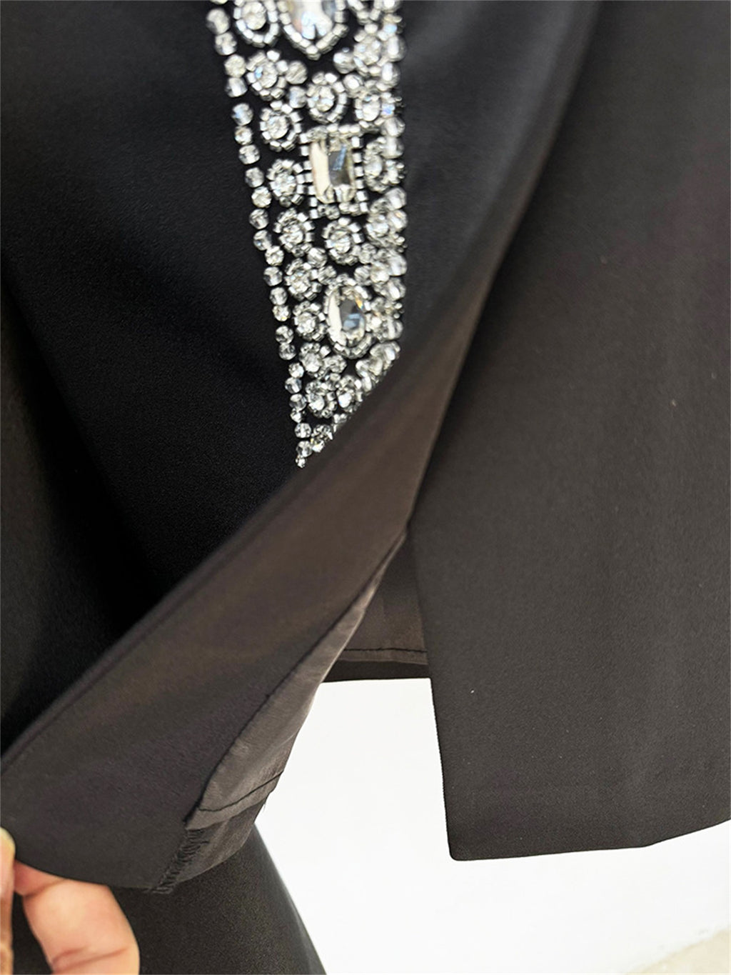 Platlogy Rhinestone Decor Black Two Piece Outfit Long Sleeve Cropped Top Mini Skirt Elegant Party Women Matching Set