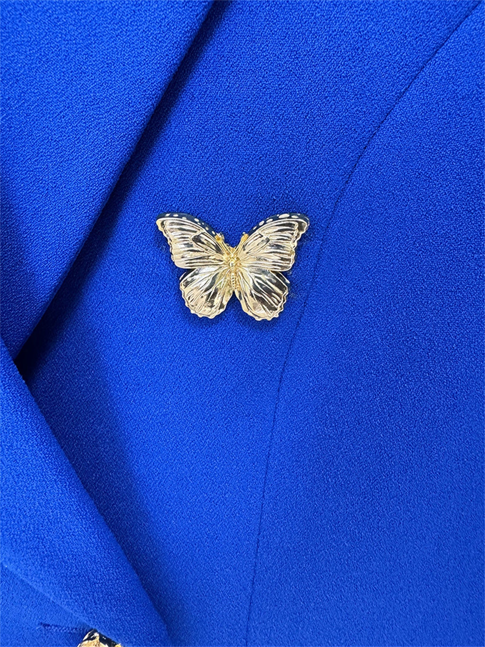 Platlogy Bright Blue Butterfly Button Blazer Wide Leg Pants Two Piece Business Suit Set For Women