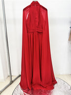 Platlogy Red High Neck Cape Sleeve Chiffon Maxi Evening Dress Elegant Formal Party Gown