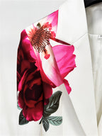 Platlogy Elegant Big Rose Print White Two Piece Women Suit Blazer and Long Pants Set for Formal Business Party Occasions