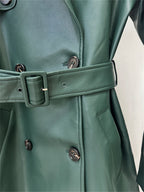Platlogy Emerald Green Double Breasted Belted Long Leather Trench Coat For Women Elegant Fall Winter Outerwear