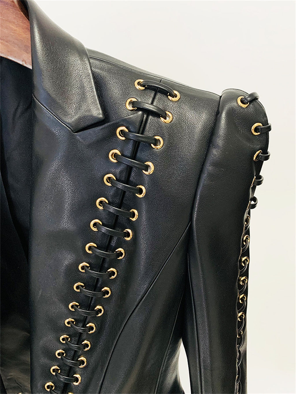 Platlogy Black Lace Up Detailed Fitted Leather Blazer Women Cropped Long Sleeve Formal Party Leather Jacket