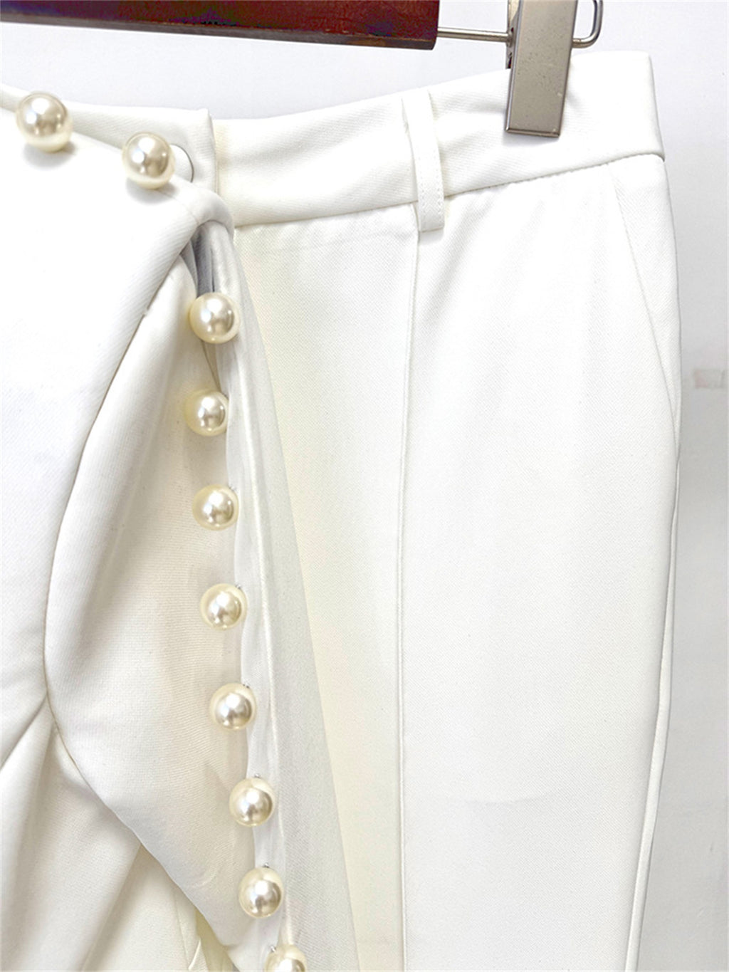 Platlogy White Pearl Decorated Blazer Pants Set Elegant Formal Women Two Piece Suit For Work Party Events