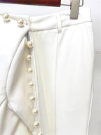 Platlogy White Pearl Decorated Blazer Pants Set Elegant Formal Women Two Piece Suit For Work Party Events