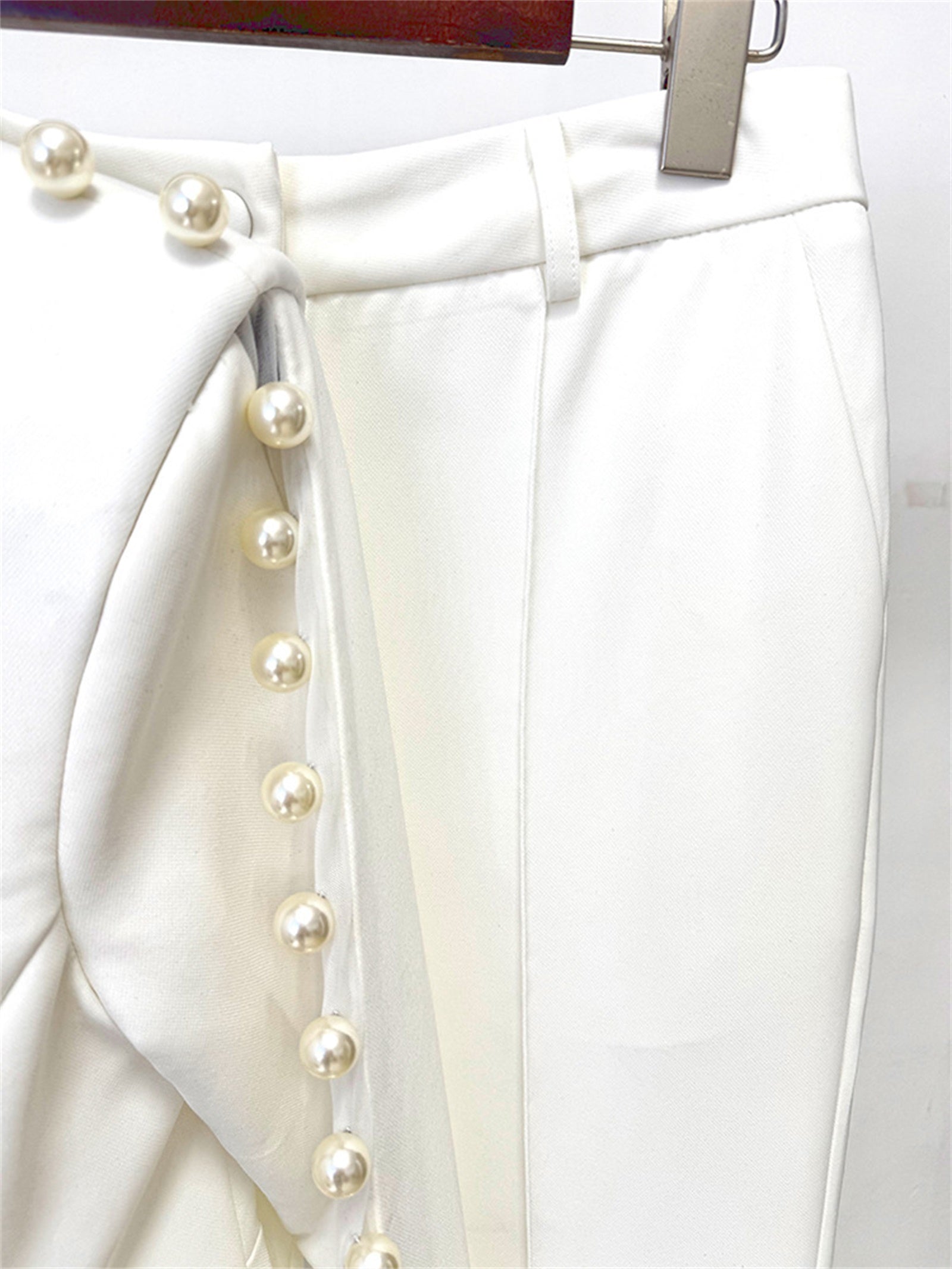 Platlogy White Pearl Decorated Blazer Pants Set Elegant Formal Women Two Piece Suit For Work Party Events