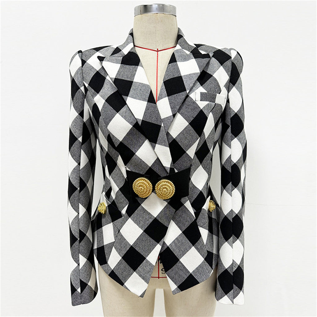 Platlogy Women Stylish Diamond Plaid Gold Button Tailored Blazer Elegant Office Casual Outerwear