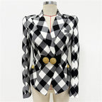 Platlogy Women Stylish Diamond Plaid Gold Button Tailored Blazer Elegant Office Casual Outerwear