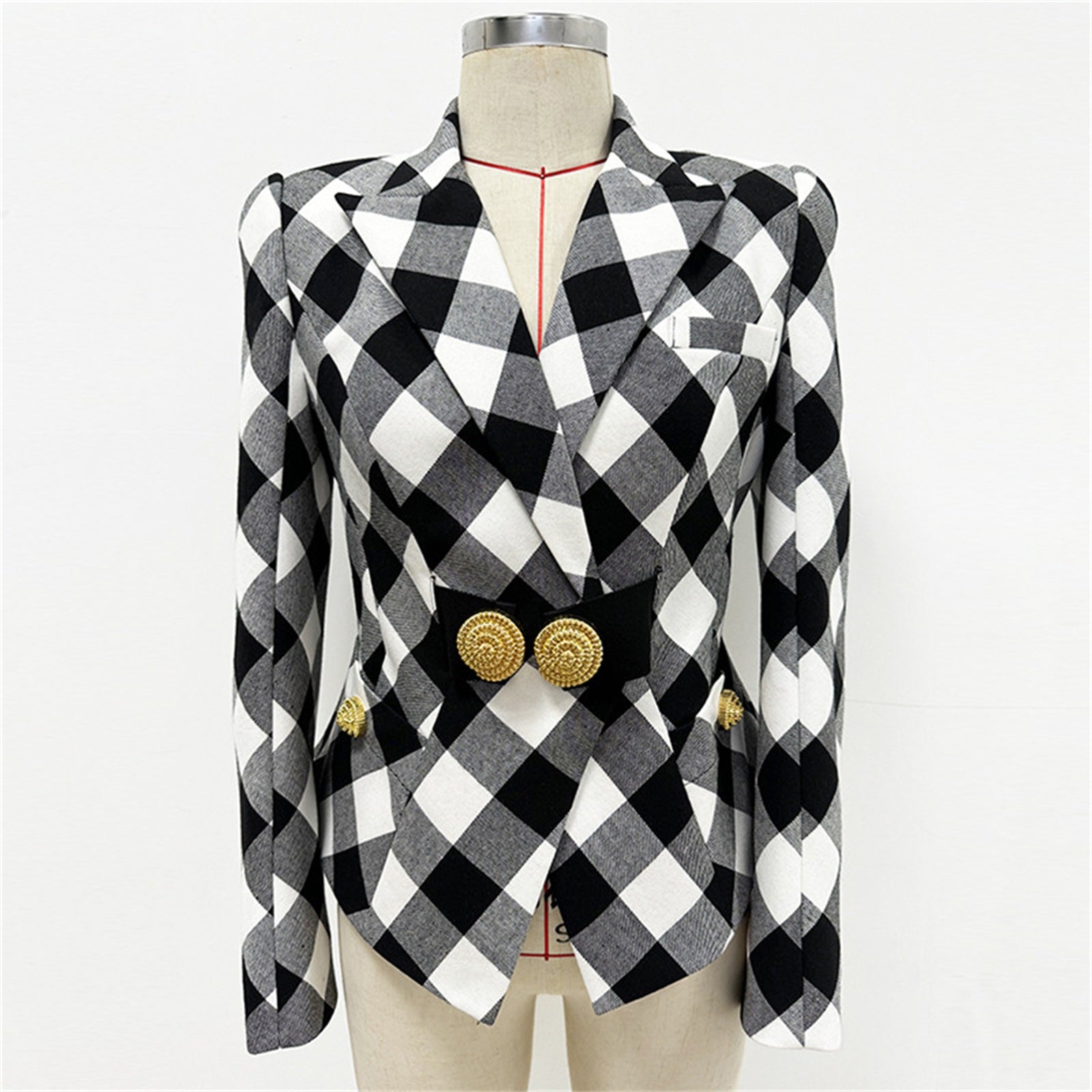 Platlogy Women Stylish Diamond Plaid Gold Button Tailored Blazer Elegant Office Casual Outerwear