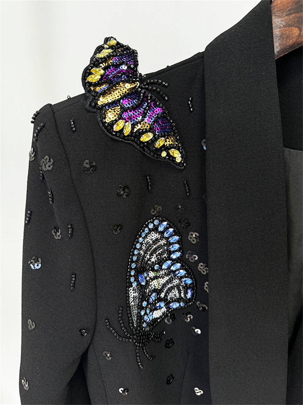 Platlogy Elegant Butterfly Sequin Rhinestone Blazer Wide Leg Pants 2 Piece Women Suit Formal Business Party Outfit