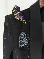 Platlogy Elegant Butterfly Sequin Rhinestone Blazer Wide Leg Pants 2 Piece Women Suit Formal Business Party Outfit