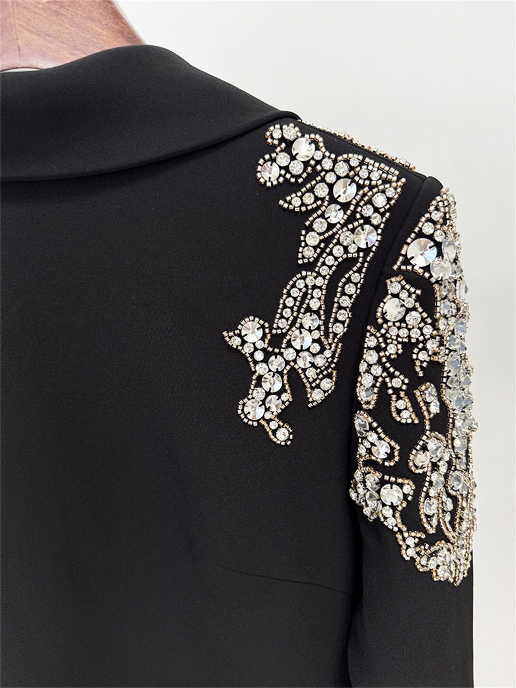 Platlogy Luxury Rhinestone Embellished Lapel Long Sleeve Maxi Dress Elegant Black Formal Evening Bodycon Dress