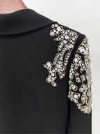 Platlogy Luxury Rhinestone Embellished Lapel Long Sleeve Maxi Dress Elegant Black Formal Evening Bodycon Dress