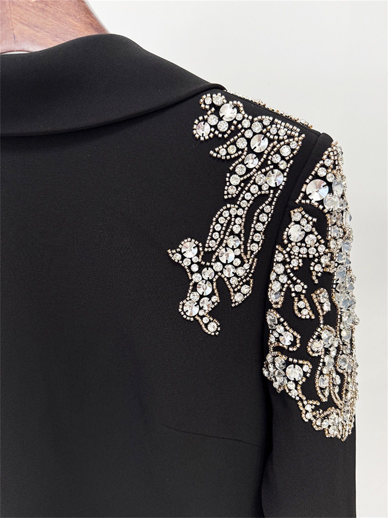 Platlogy Luxury Rhinestone Embellished Lapel Long Sleeve Maxi Dress Elegant Black Formal Evening Bodycon Dress