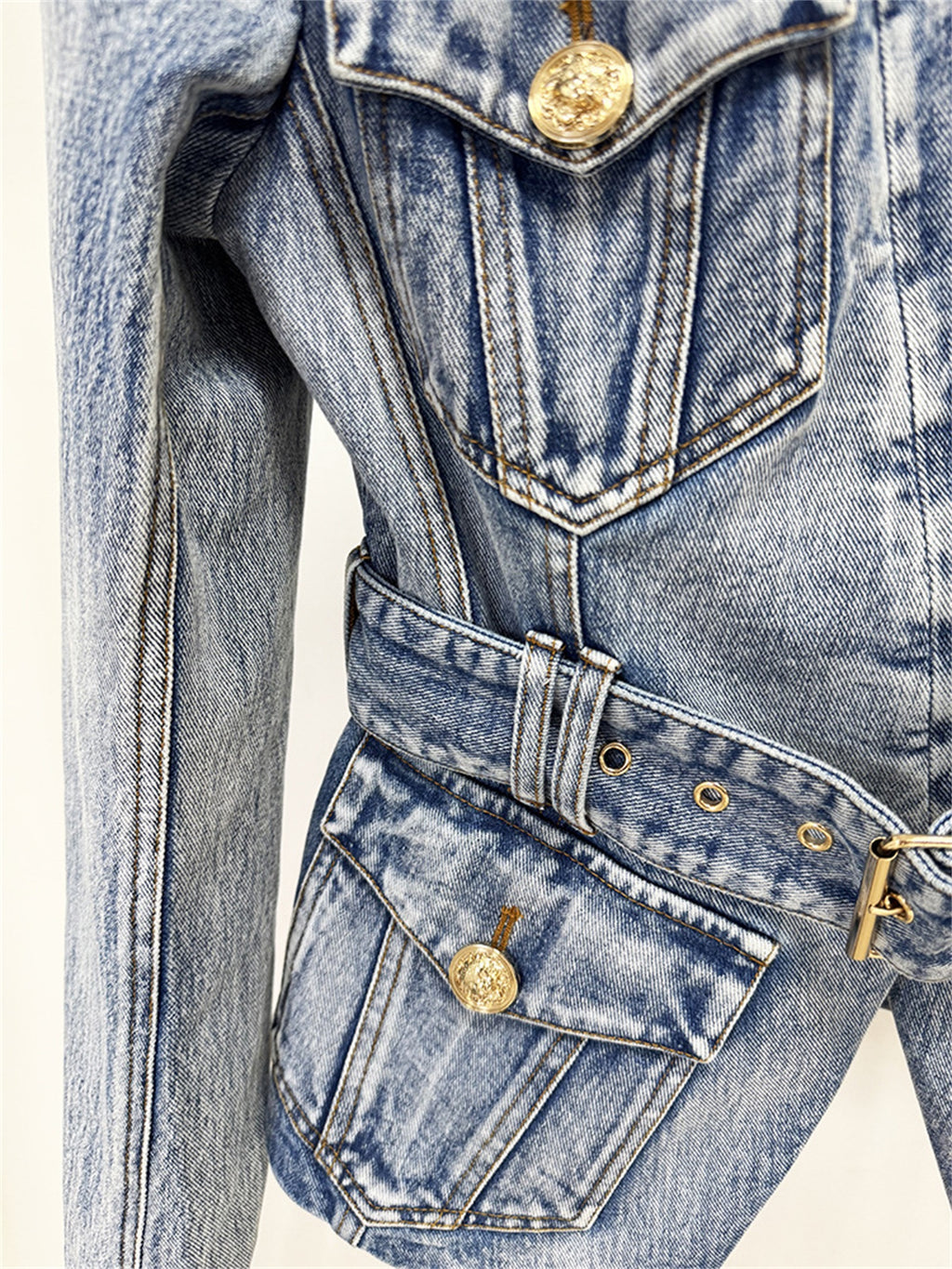 Platlogy V Neck Belted Waist Denim Blazer Women Long Sleeve Pockets Casual Chic Slim Fit Denim Jacket