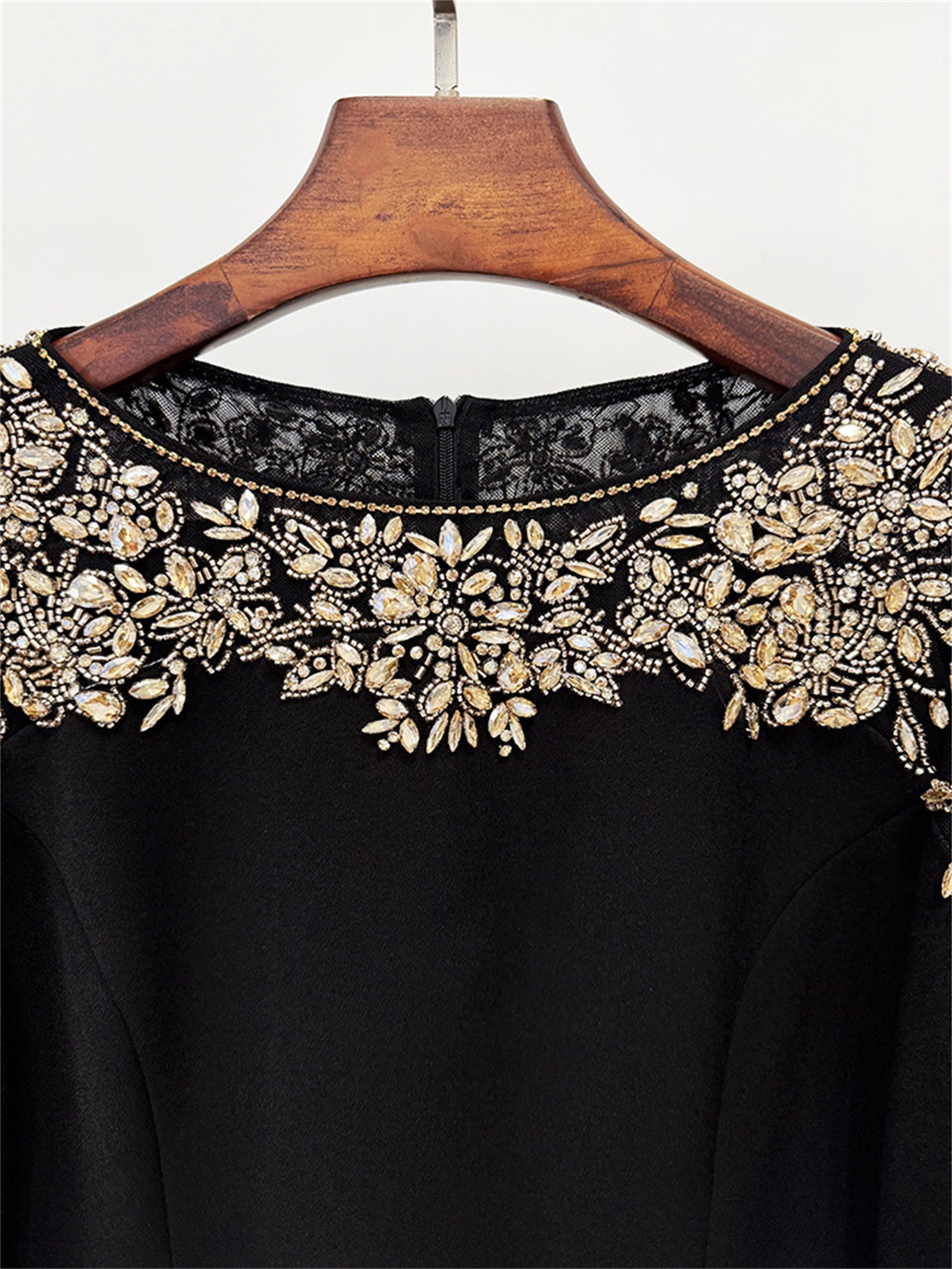 Platlogy Luxury Red Long Sleeve Midi Evening Dress Rhinestone Embellished Formal Party Wedding Guest Dress